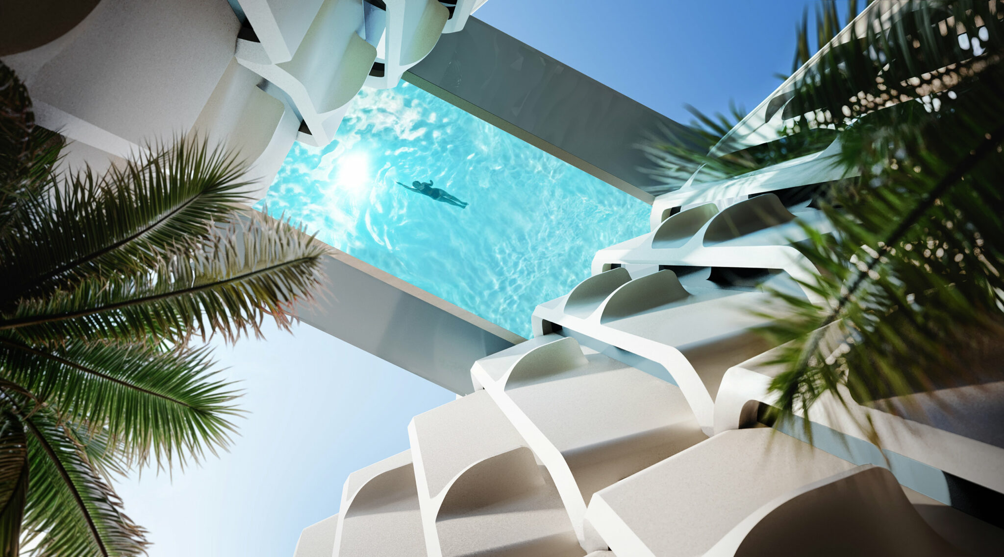 The Delmore Surfside — glass-bottom skybridge pool